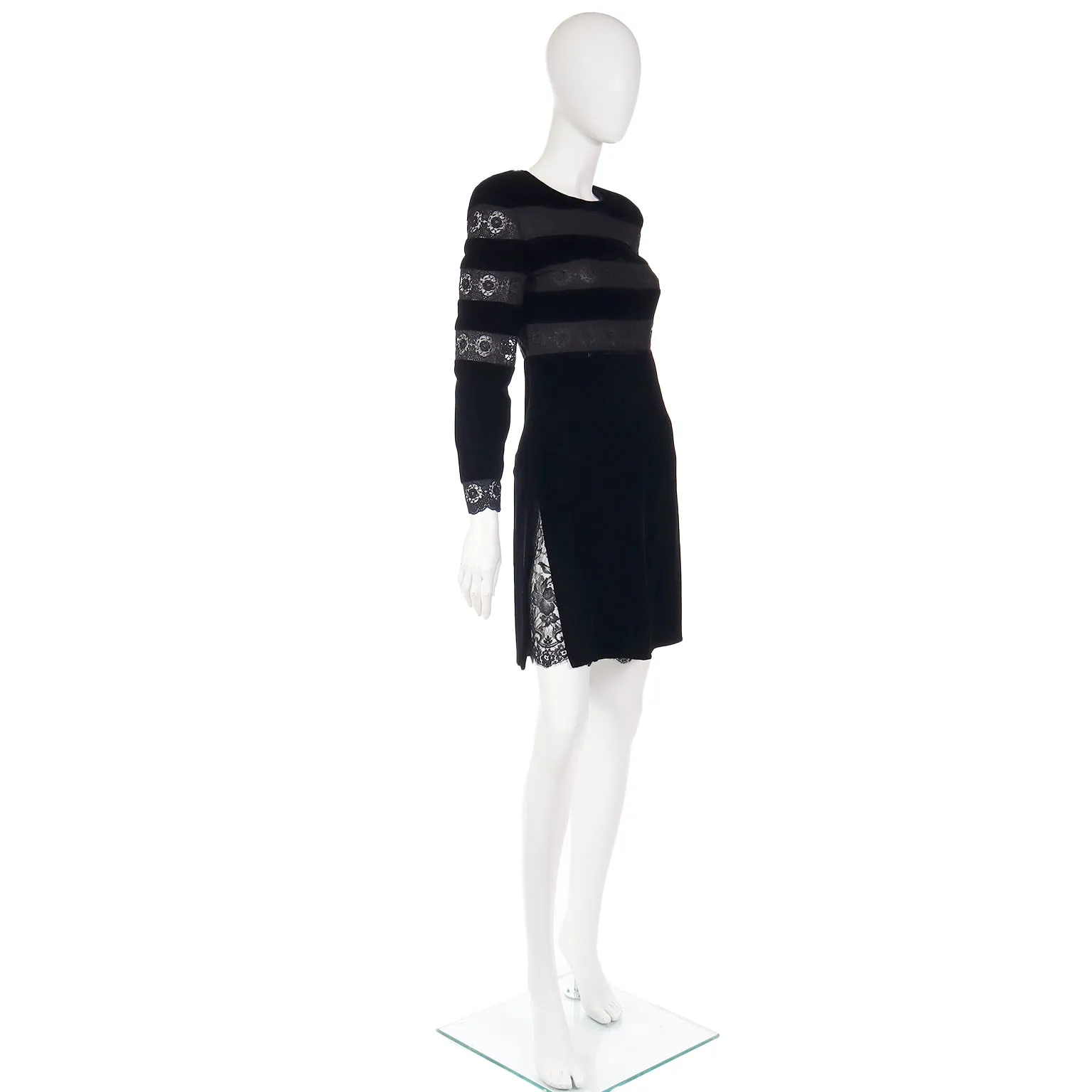 1980s Valentino Night Black Velvet & Lace Party Dress