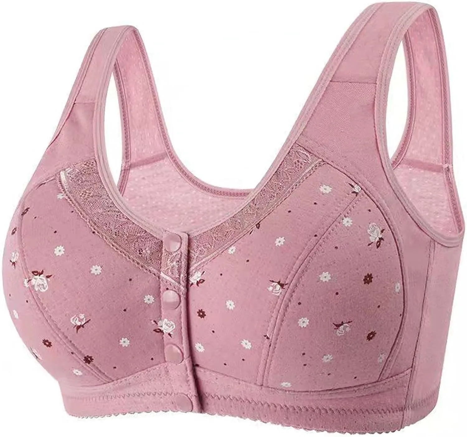 5PC Daisy Bras for Older Women Front Close Button Cotton Bra Full Support Wide Back No Underwire Breathable Underwear
