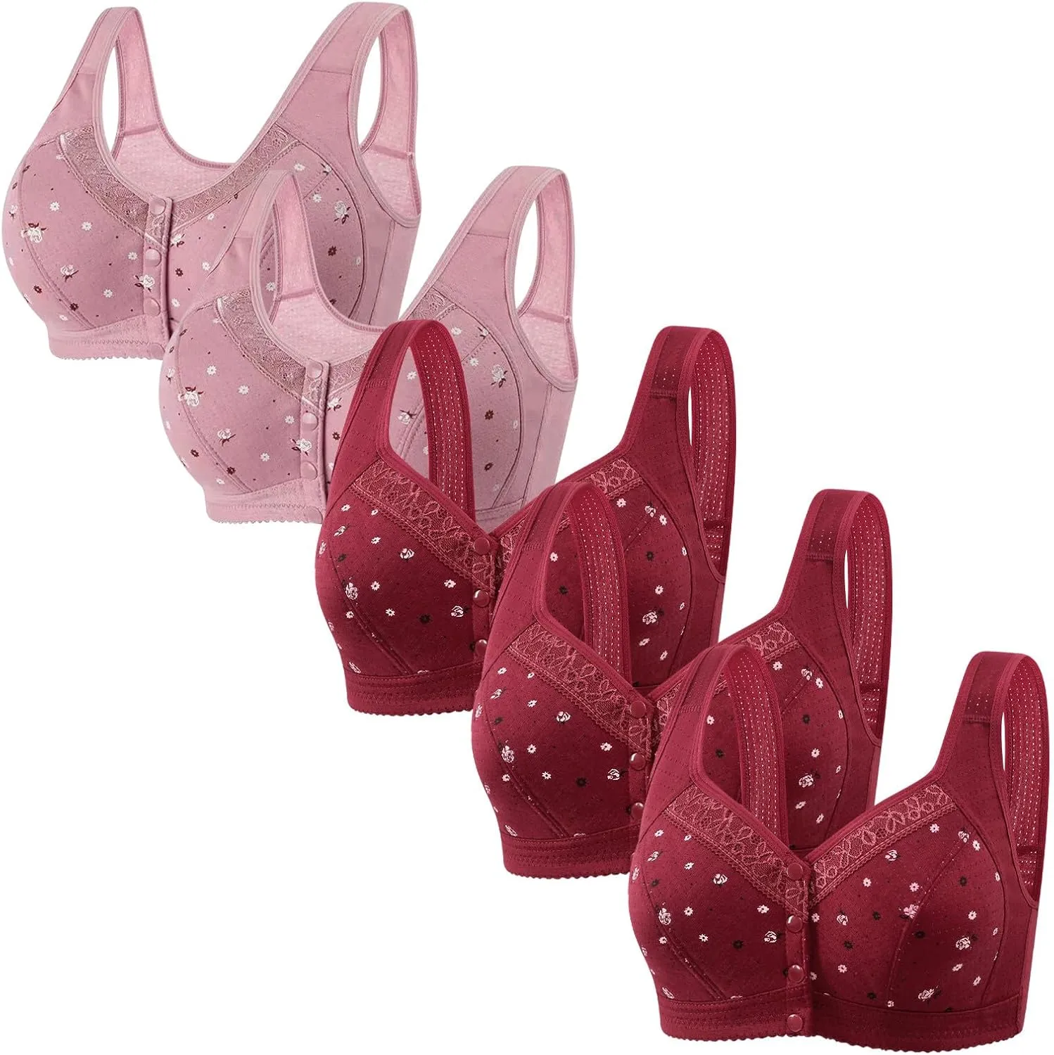 5PC Daisy Bras for Older Women Front Close Button Cotton Bra Full Support Wide Back No Underwire Breathable Underwear