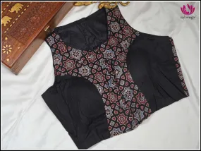 Black Kalamkari print cotton sleeveless blouse - Size 38