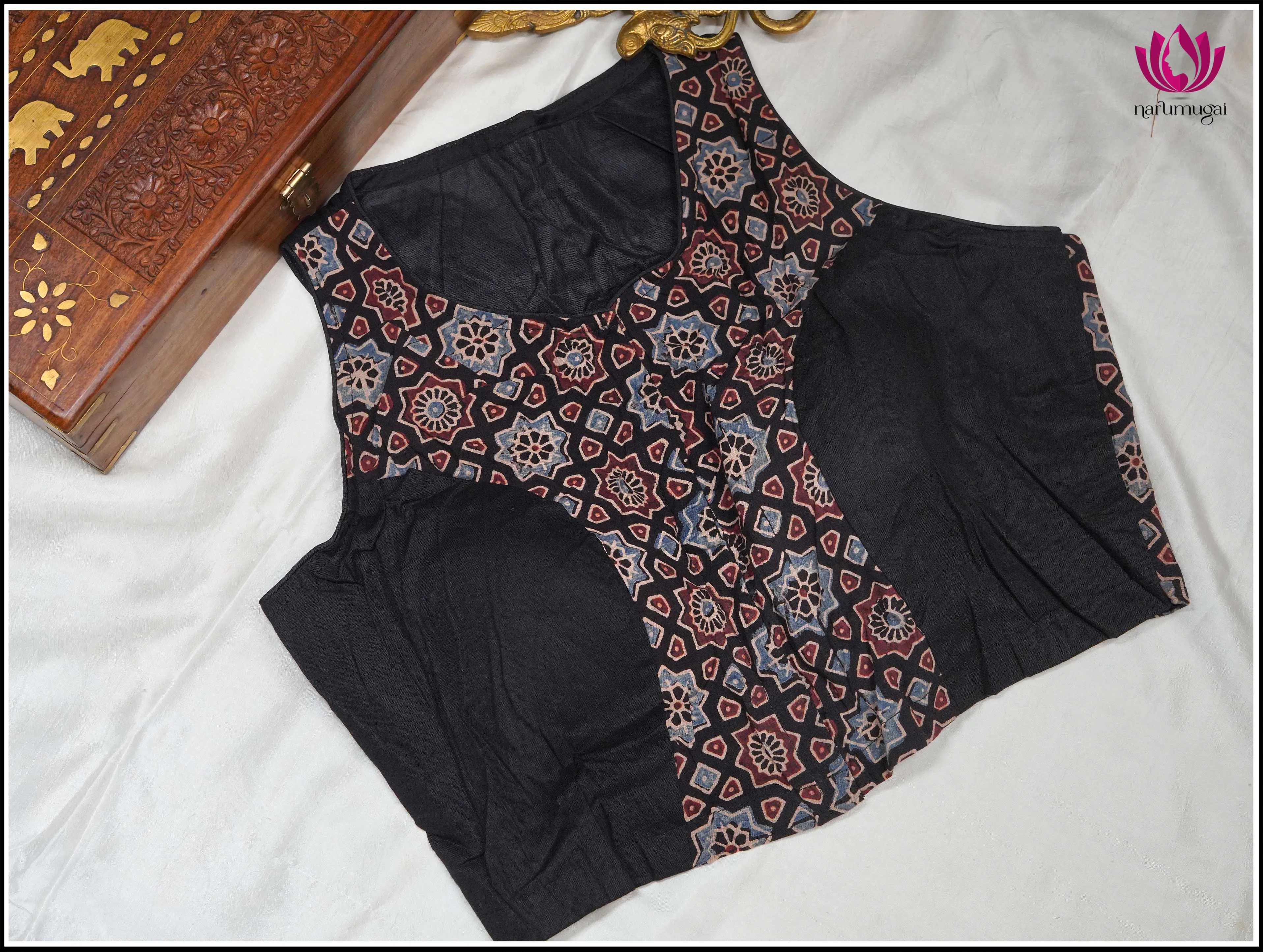 Black Kalamkari print cotton sleeveless blouse - Size 38