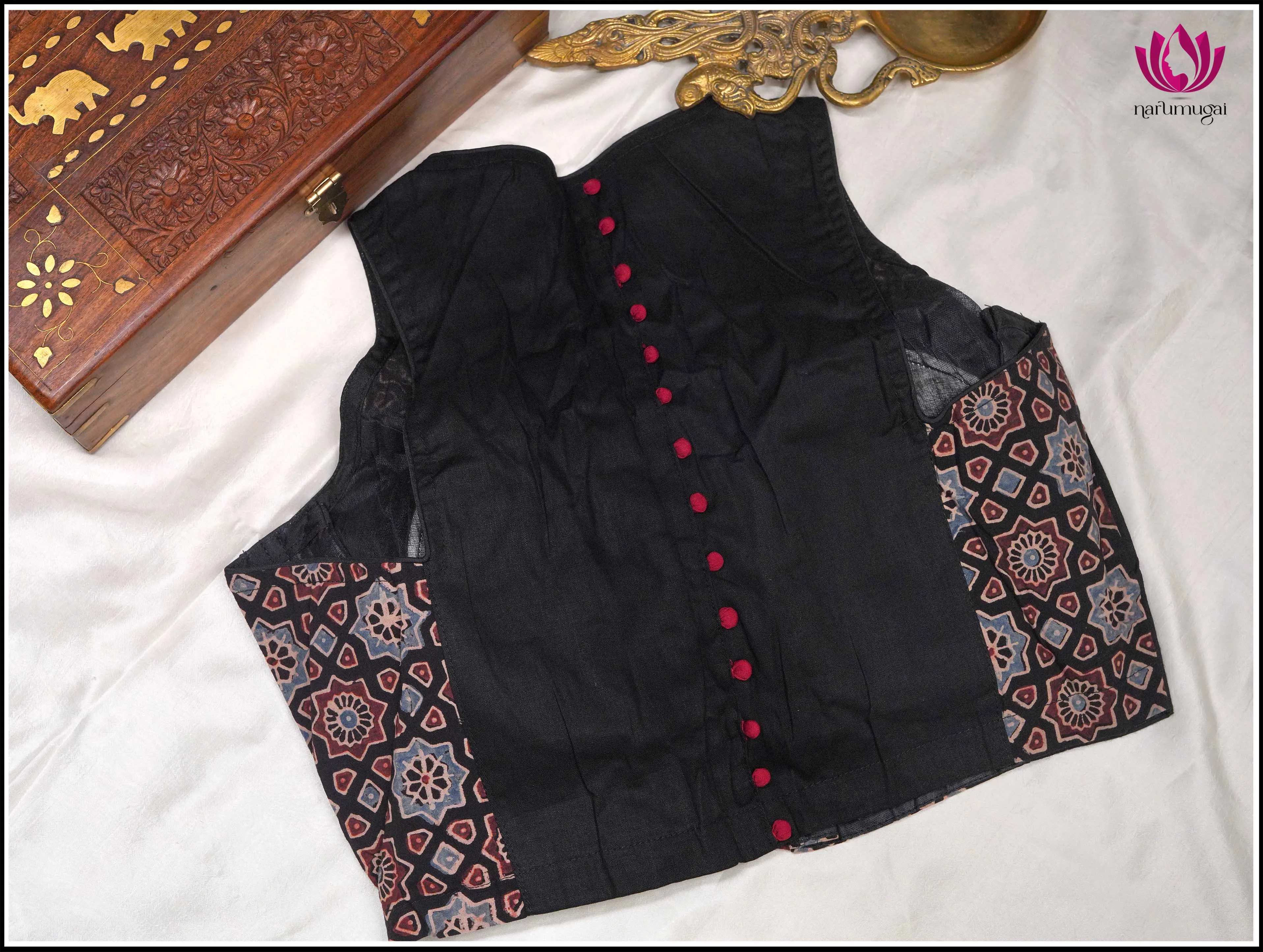 Black Kalamkari print cotton sleeveless blouse - Size 38