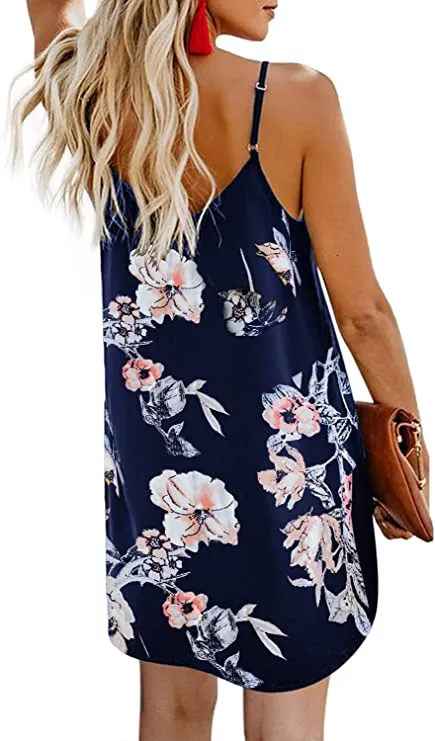 Black Multi Women Summer Spaghetti Strap Button Down V Neck Sleeveless Casual Mini Dress - AlvaQ