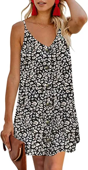 Black Multi Women Summer Spaghetti Strap Button Down V Neck Sleeveless Casual Mini Dress - AlvaQ