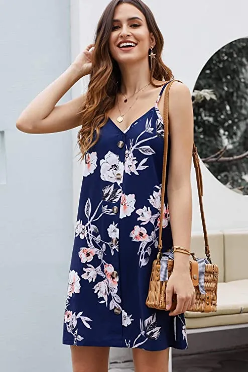 Black Multi Women Summer Spaghetti Strap Button Down V Neck Sleeveless Casual Mini Dress - AlvaQ