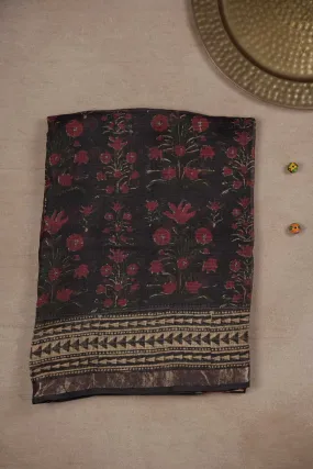 Black with Rust Maroon Floral Block Printed Kota Silk saree