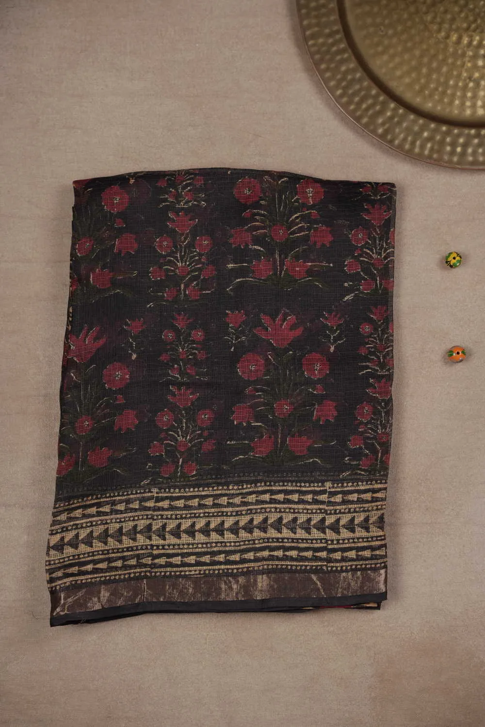 Black with Rust Maroon Floral Block Printed Kota Silk saree