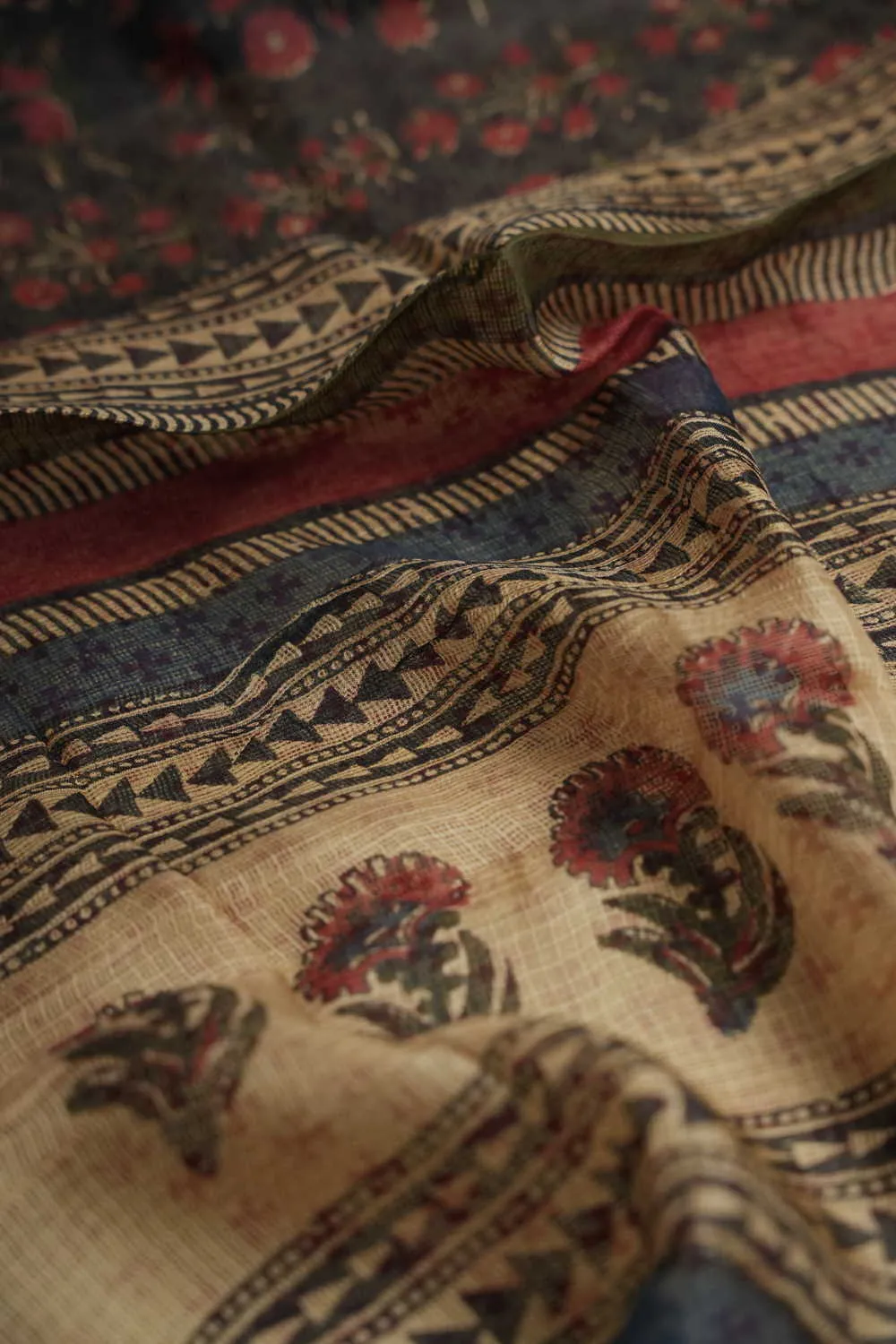Black with Rust Maroon Floral Block Printed Kota Silk saree