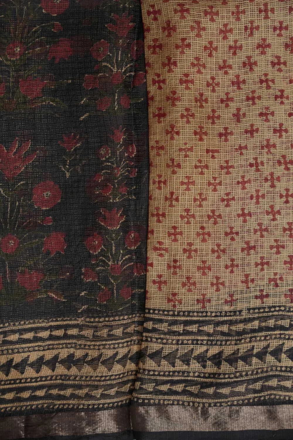 Black with Rust Maroon Floral Block Printed Kota Silk saree