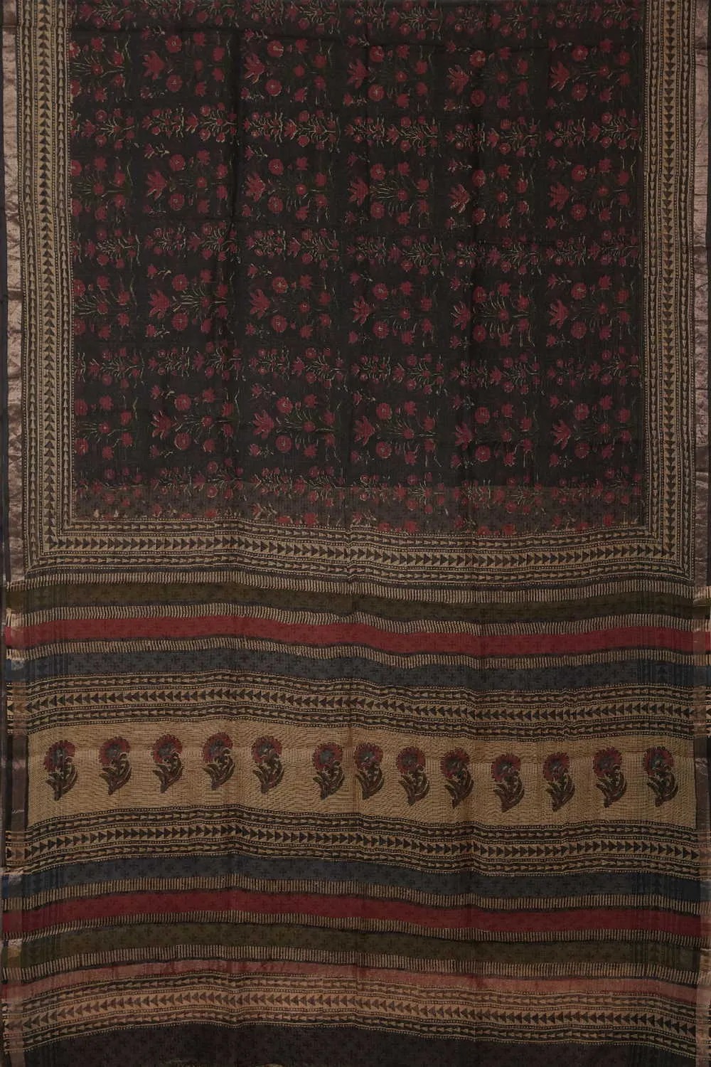Black with Rust Maroon Floral Block Printed Kota Silk saree