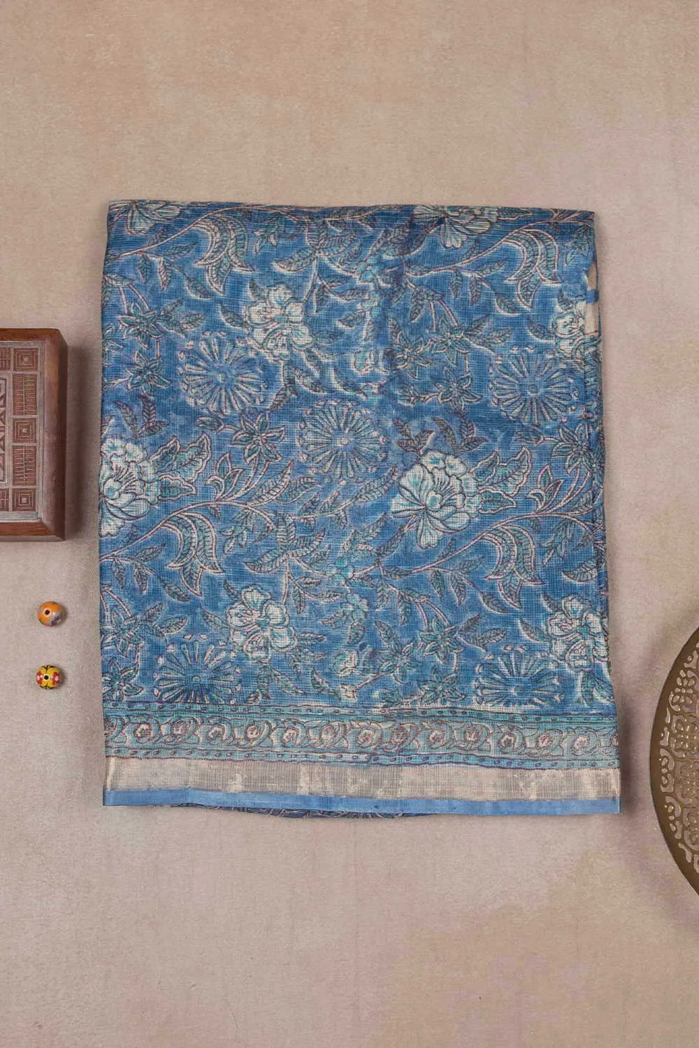 Blue Garden Block Printed Kota Silk saree