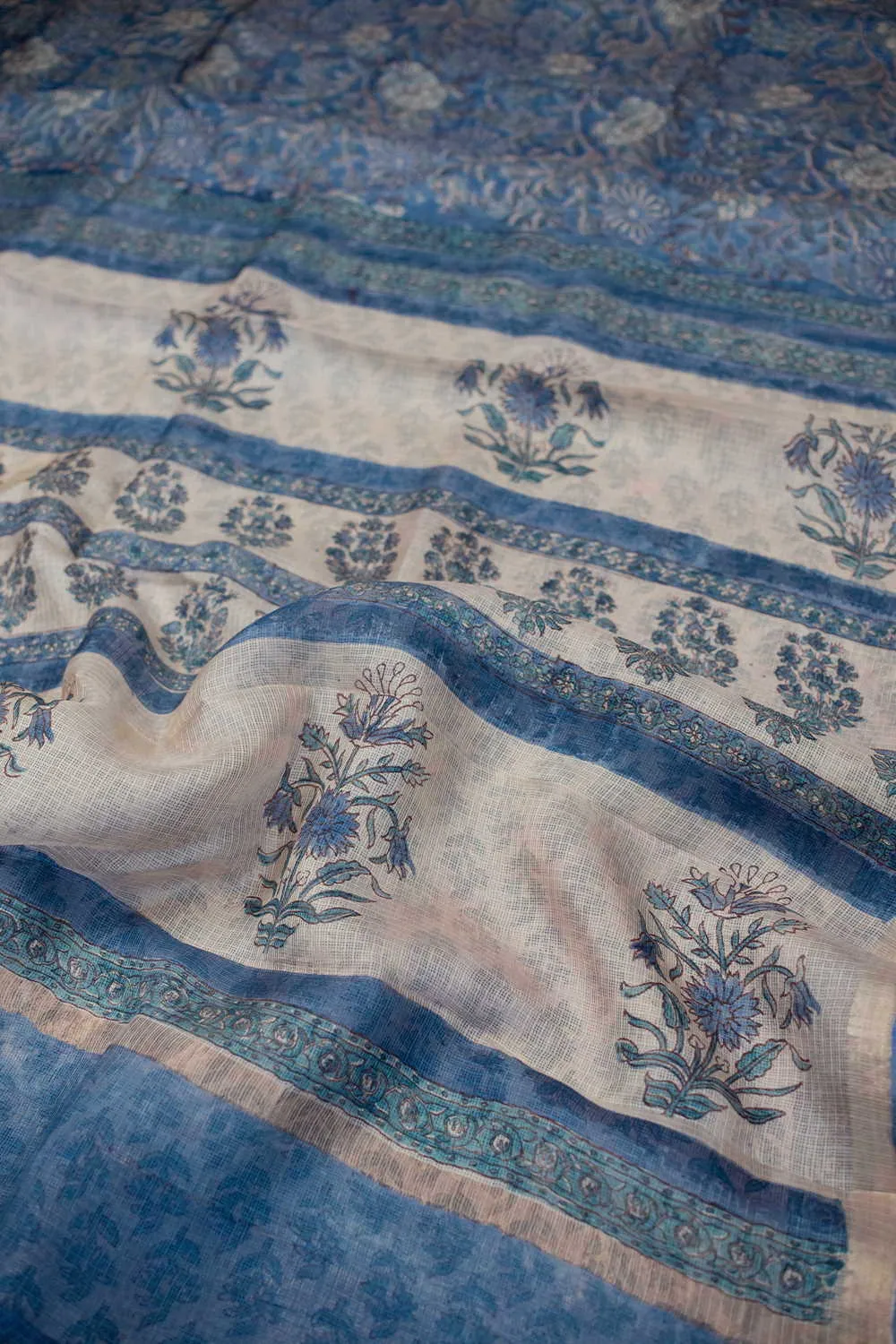 Blue Garden Block Printed Kota Silk saree