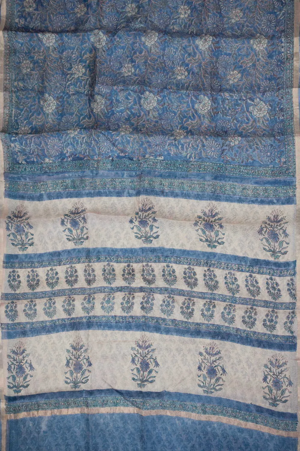 Blue Garden Block Printed Kota Silk saree