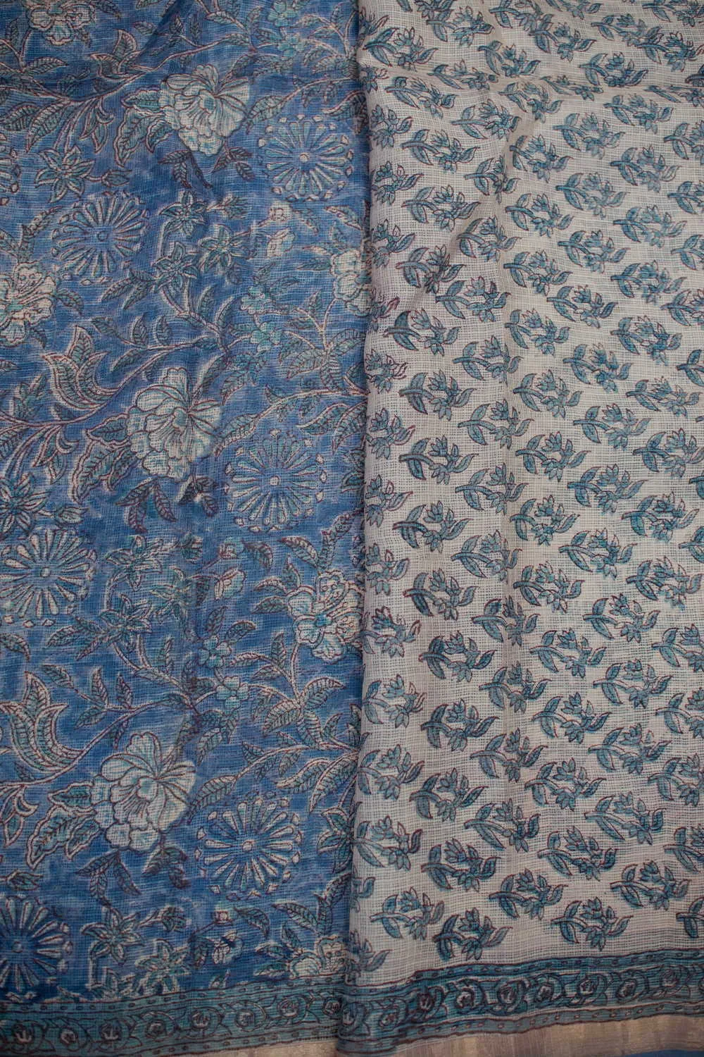 Blue Garden Block Printed Kota Silk saree