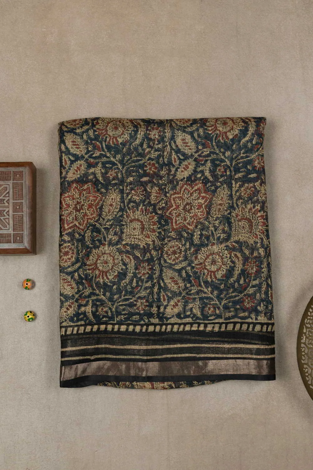 Blue with Florals Block Printed Kota Silk saree