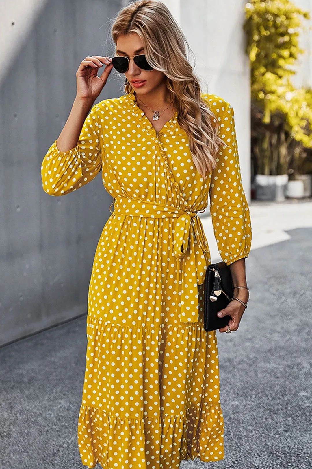 Boho Midi Dress, Ruffle Polka Dot in Yellow