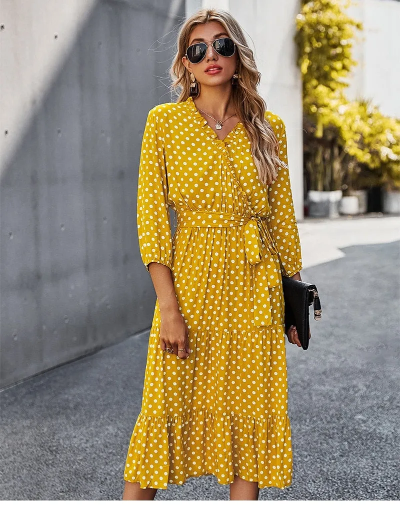 Boho Midi Dress, Ruffle Polka Dot in Yellow