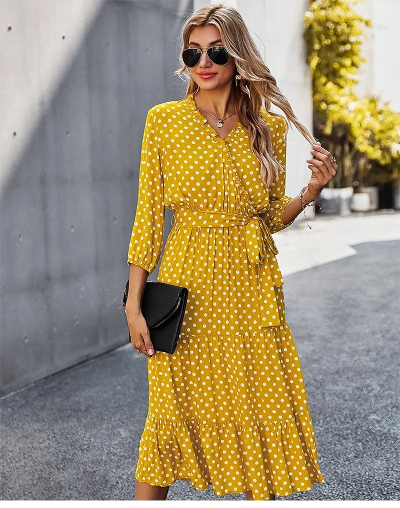 Boho Midi Dress, Ruffle Polka Dot in Yellow