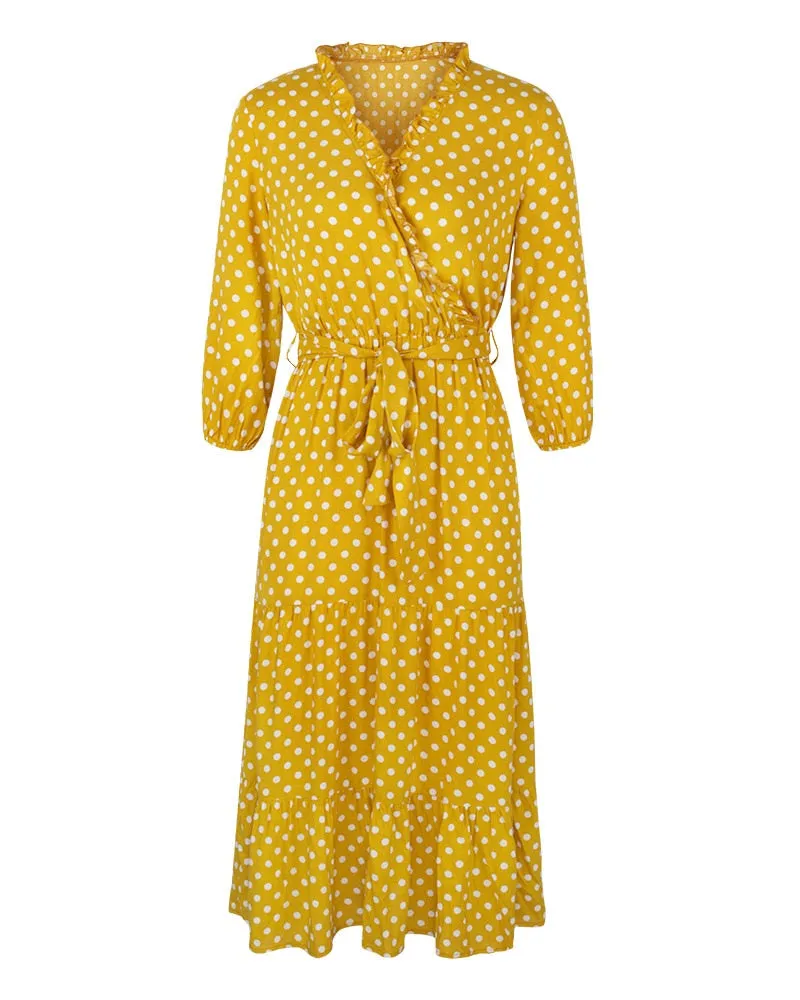 Boho Midi Dress, Ruffle Polka Dot in Yellow