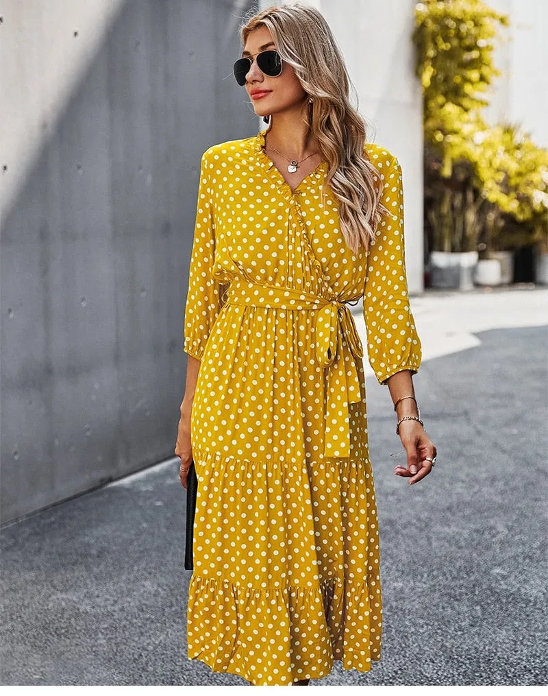 Boho Midi Dress, Ruffle Polka Dot in Yellow