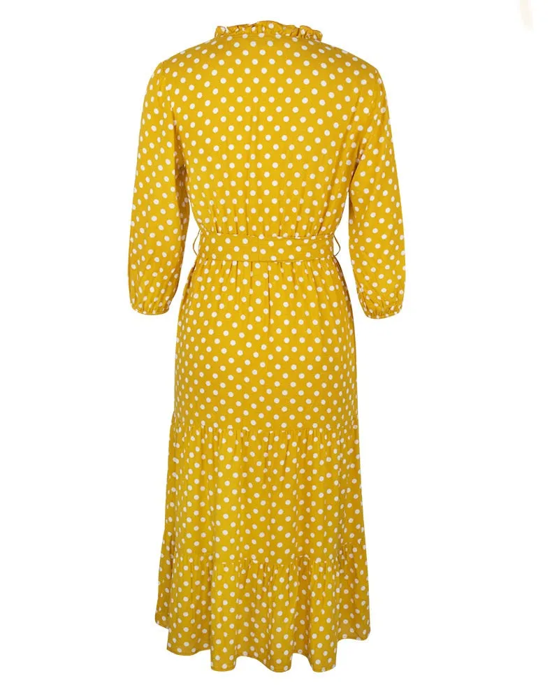 Boho Midi Dress, Ruffle Polka Dot in Yellow