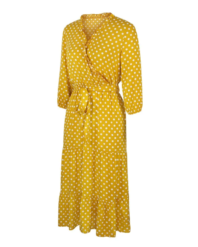 Boho Midi Dress, Ruffle Polka Dot in Yellow