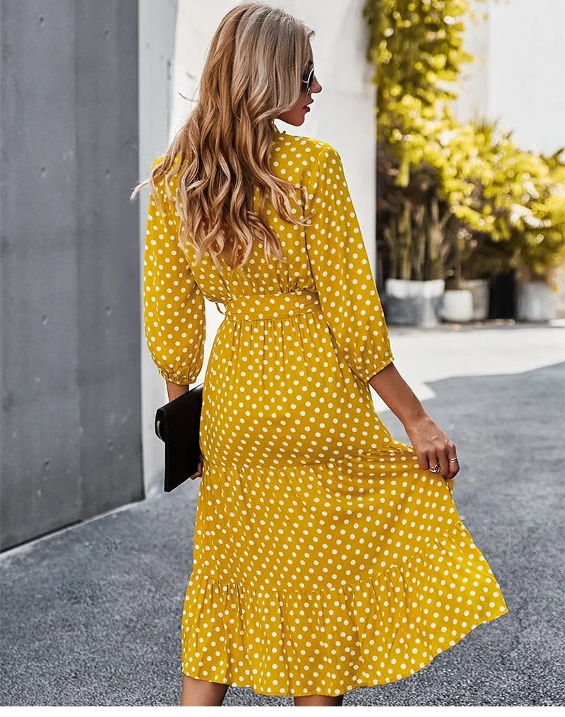 Boho Midi Dress, Ruffle Polka Dot in Yellow