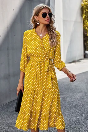 Boho Midi Dress, Ruffle Polka Dot in Yellow