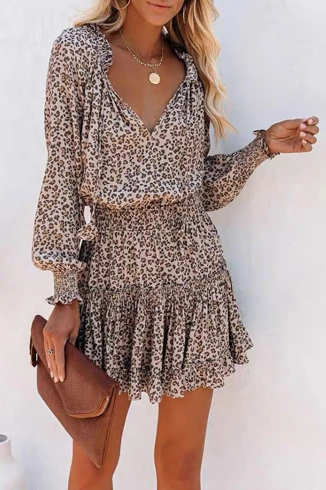 Boho Mini Dress Brown Love Leopard
