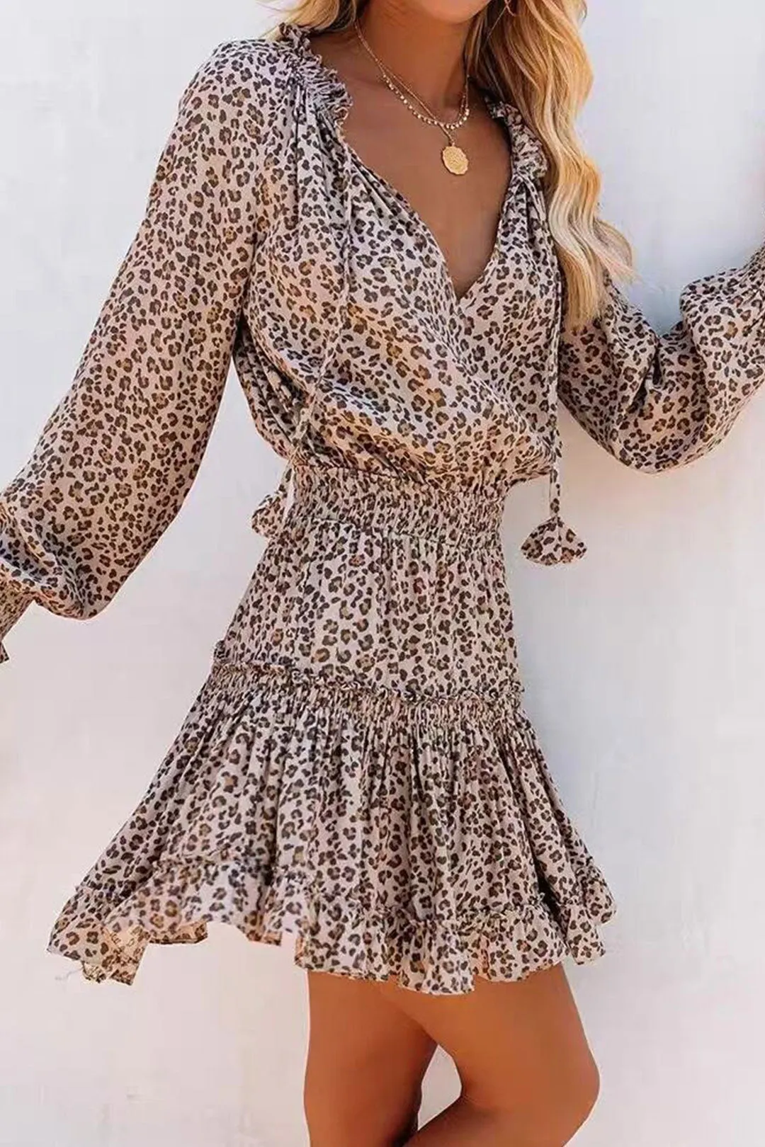 Boho Mini Dress Brown Love Leopard
