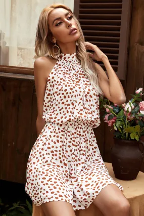 Boho Mini Dress Halter Dress, Meadowsweet in White Dot