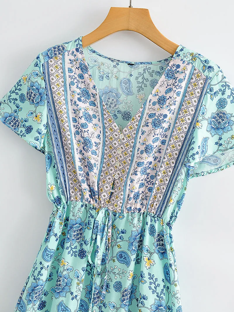 Boho Mini Dress Sundress, Blue Bell Flower