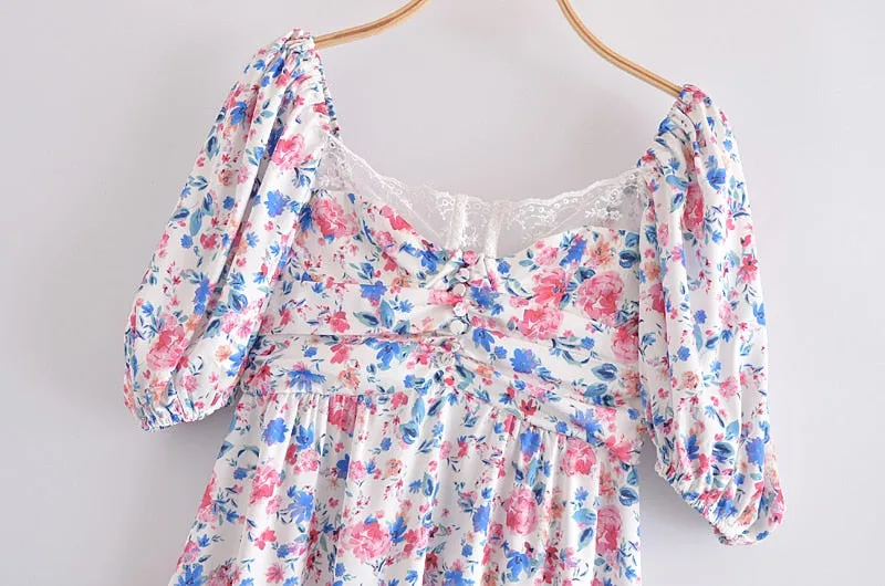 Boho Mini Dress Sundress, Vintage Elena Pink Flower Garden