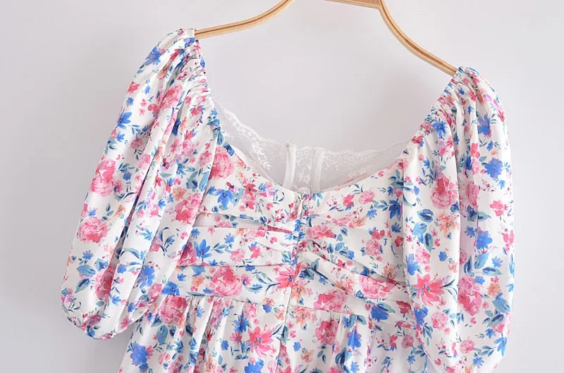 Boho Mini Dress Sundress, Vintage Elena Pink Flower Garden