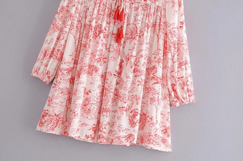 Boho Mini Dress Tunic Dress, Red Forest