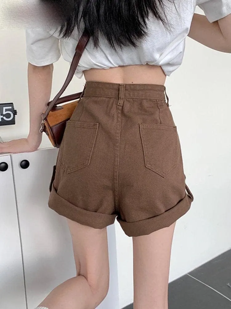 Chic Binding Denim Shorts,Women's Knee-Length Vintage Styles,Straight High Waisted Casual Summer Looks