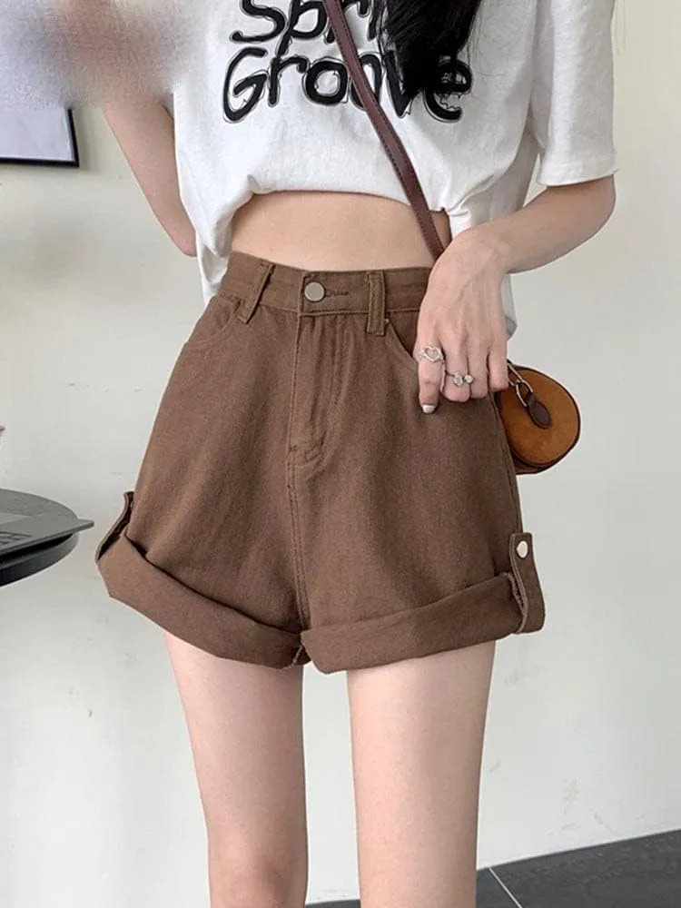 Chic Binding Denim Shorts,Women's Knee-Length Vintage Styles,Straight High Waisted Casual Summer Looks