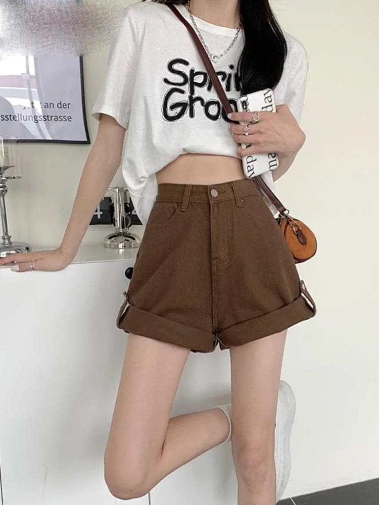 Chic Binding Denim Shorts,Women's Knee-Length Vintage Styles,Straight High Waisted Casual Summer Looks