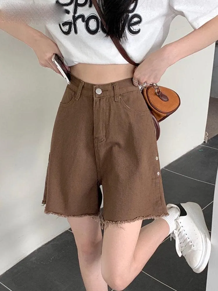 Chic Binding Denim Shorts,Women's Knee-Length Vintage Styles,Straight High Waisted Casual Summer Looks