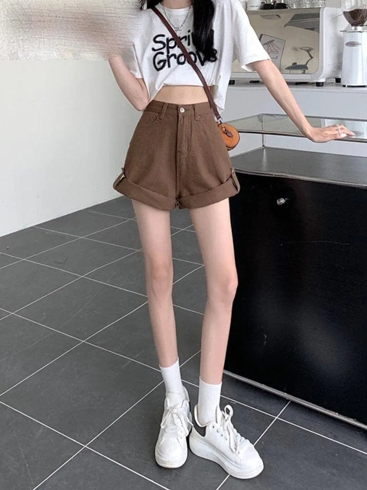 Chic Binding Denim Shorts,Women's Knee-Length Vintage Styles,Straight High Waisted Casual Summer Looks
