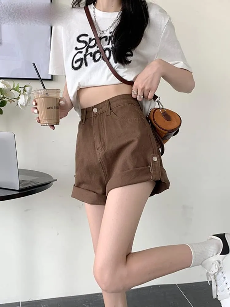 Chic Binding Denim Shorts,Women's Knee-Length Vintage Styles,Straight High Waisted Casual Summer Looks