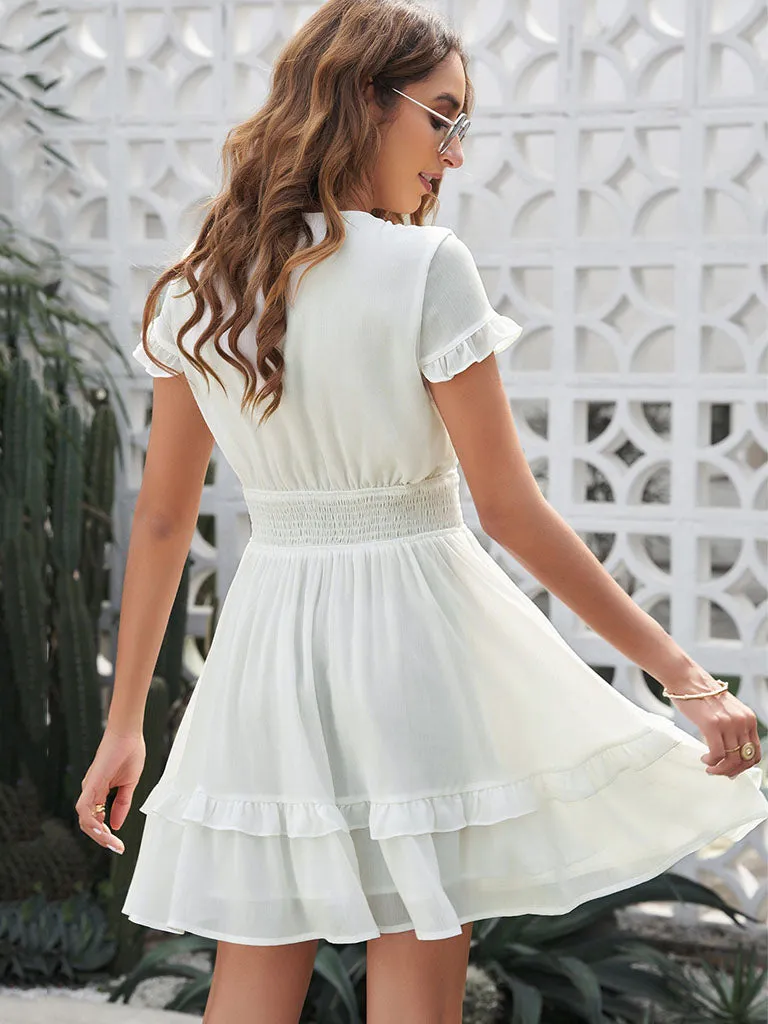 Deep V Neck Short Sleeves Solid Color Ruffles Skirt Mini Boho Dress