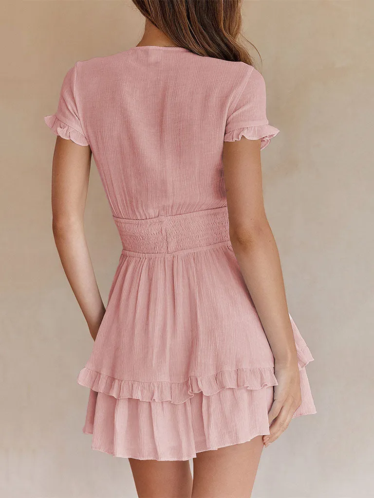 Deep V Neck Short Sleeves Solid Color Ruffles Skirt Mini Boho Dress