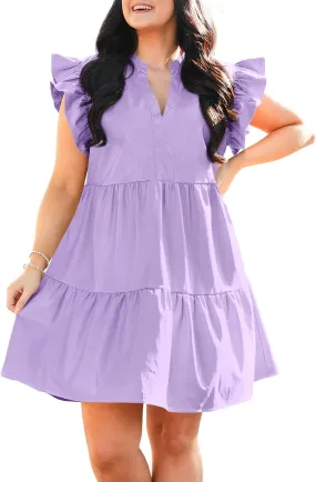Fisoew Plus Size Dresses for Women Summer Ruffle Short Sleeve V Neck Dress Tiered Swing A Line Babydoll Mini Dress