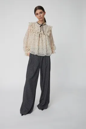 Flock Printed Flounce Blouse - Creme/Black