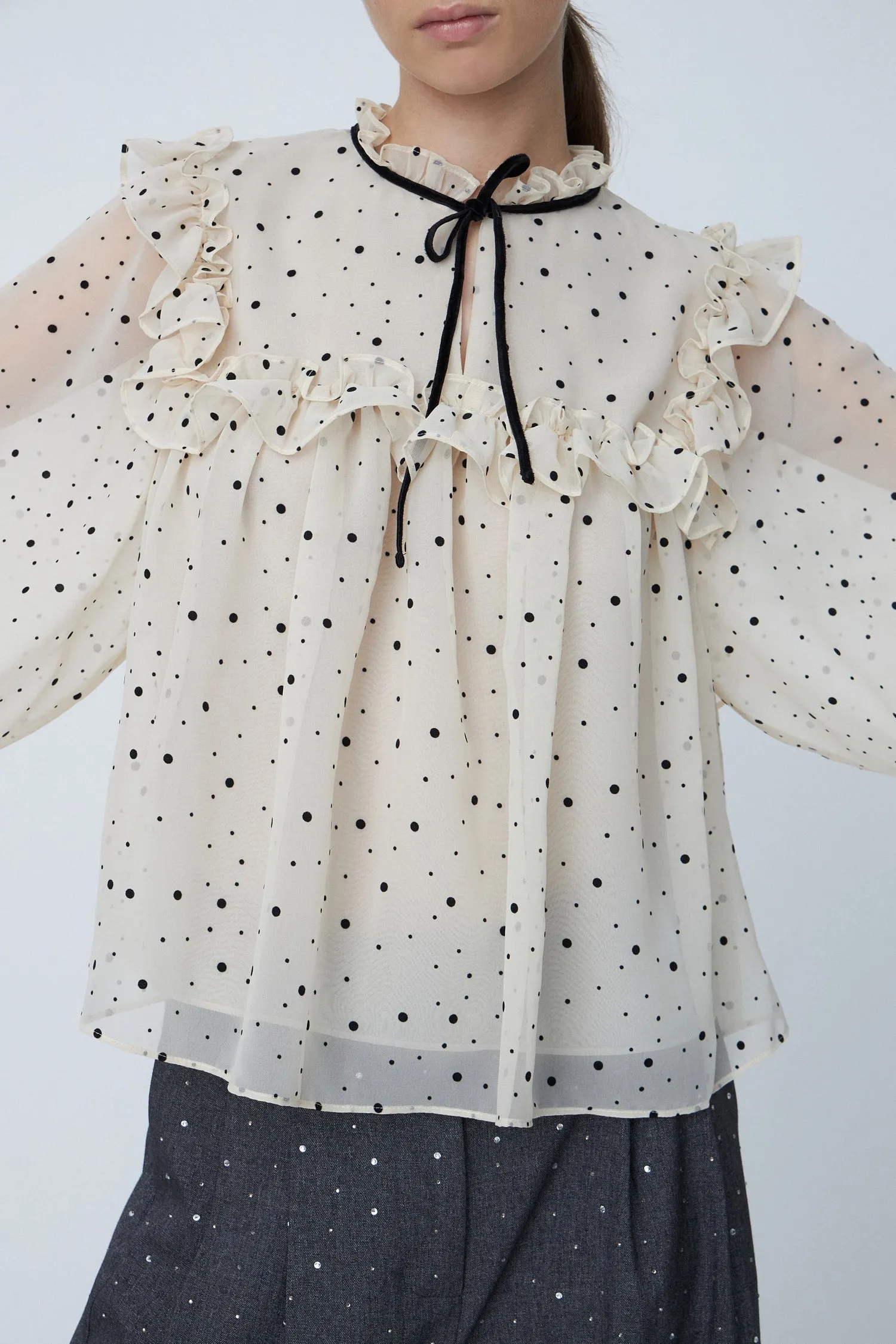 Flock Printed Flounce Blouse - Creme/Black