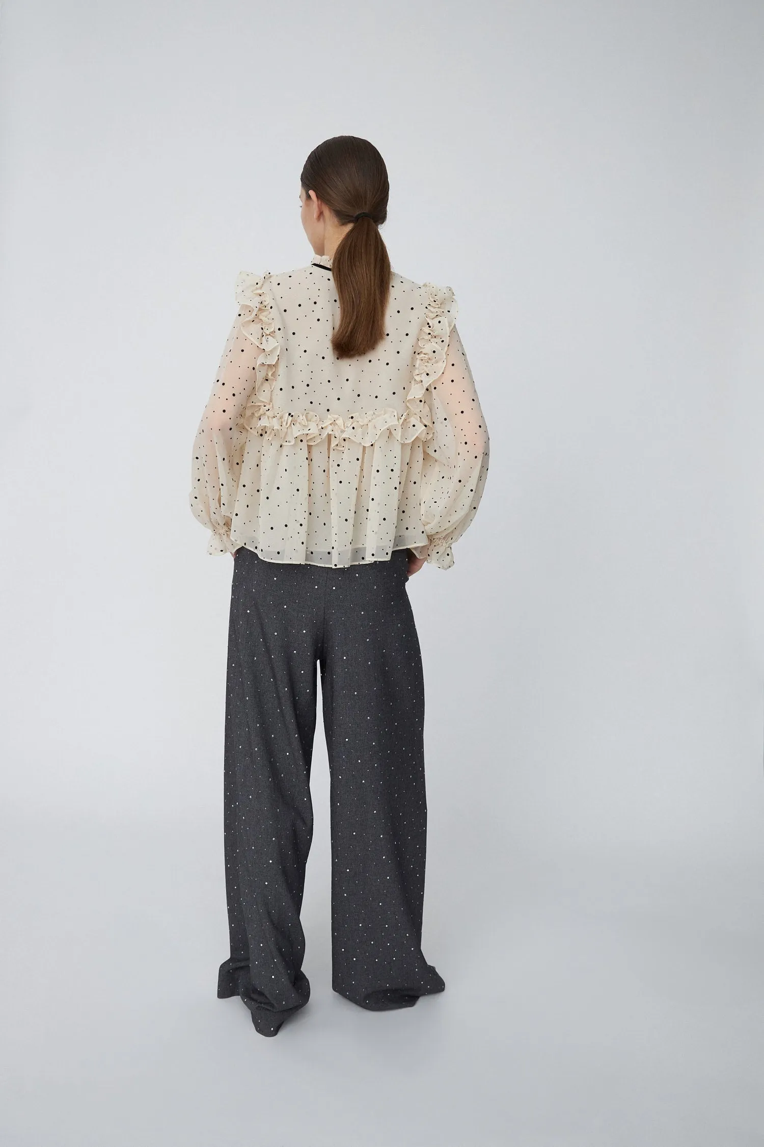 Flock Printed Flounce Blouse - Creme/Black