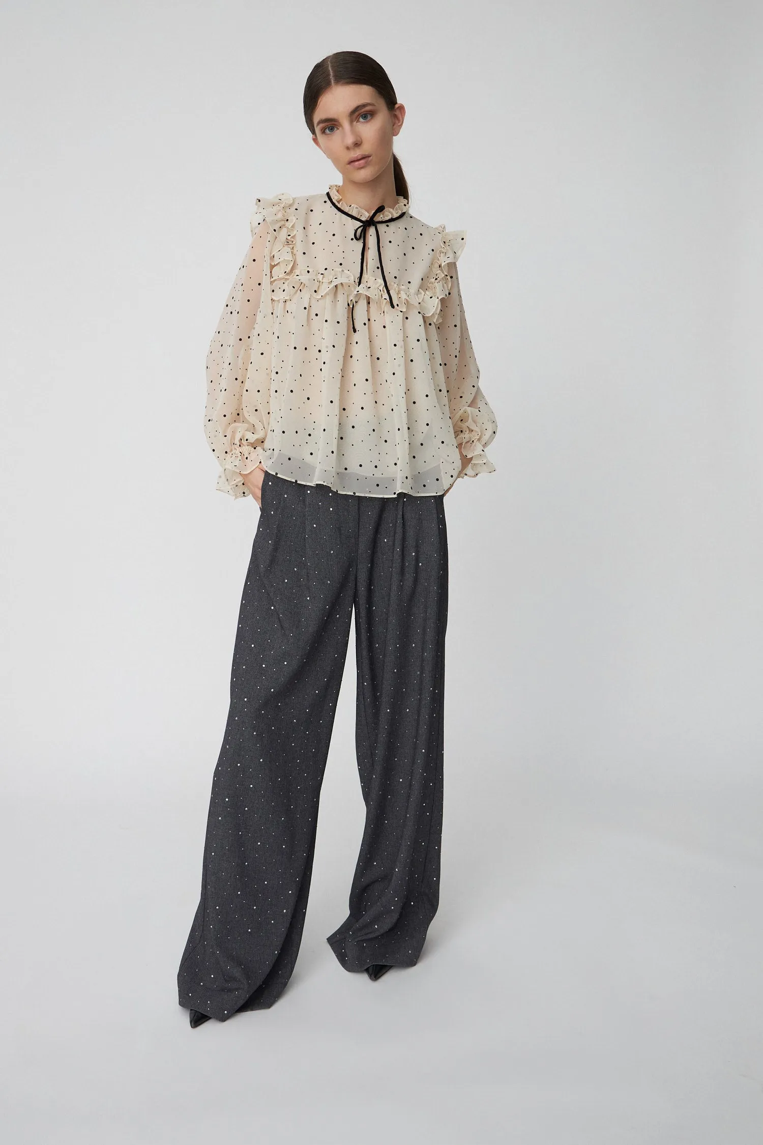 Flock Printed Flounce Blouse - Creme/Black