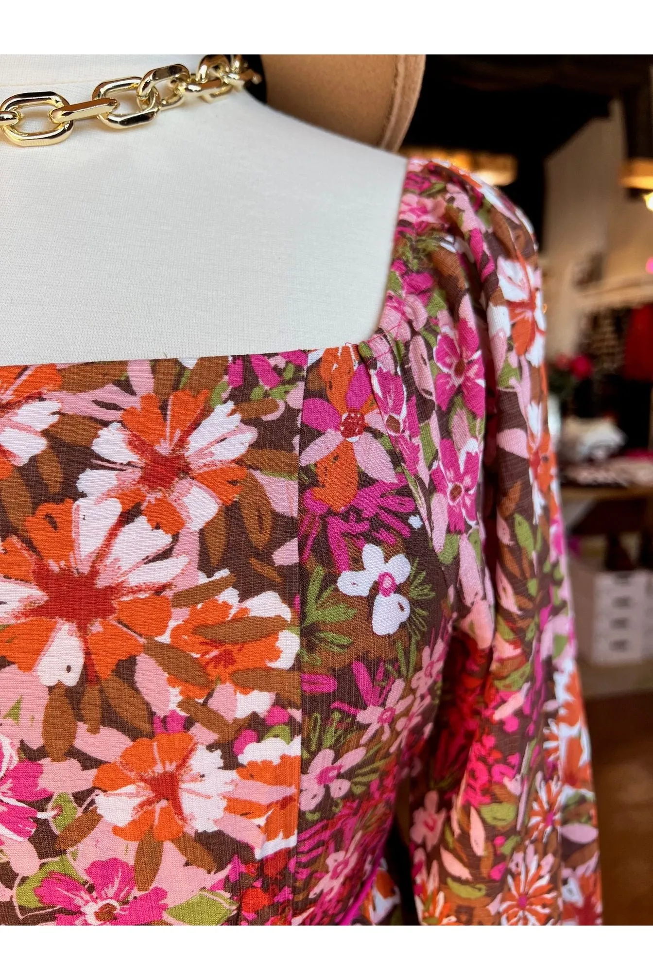 Floral Square Neckline Mini Dress (Curvy only)