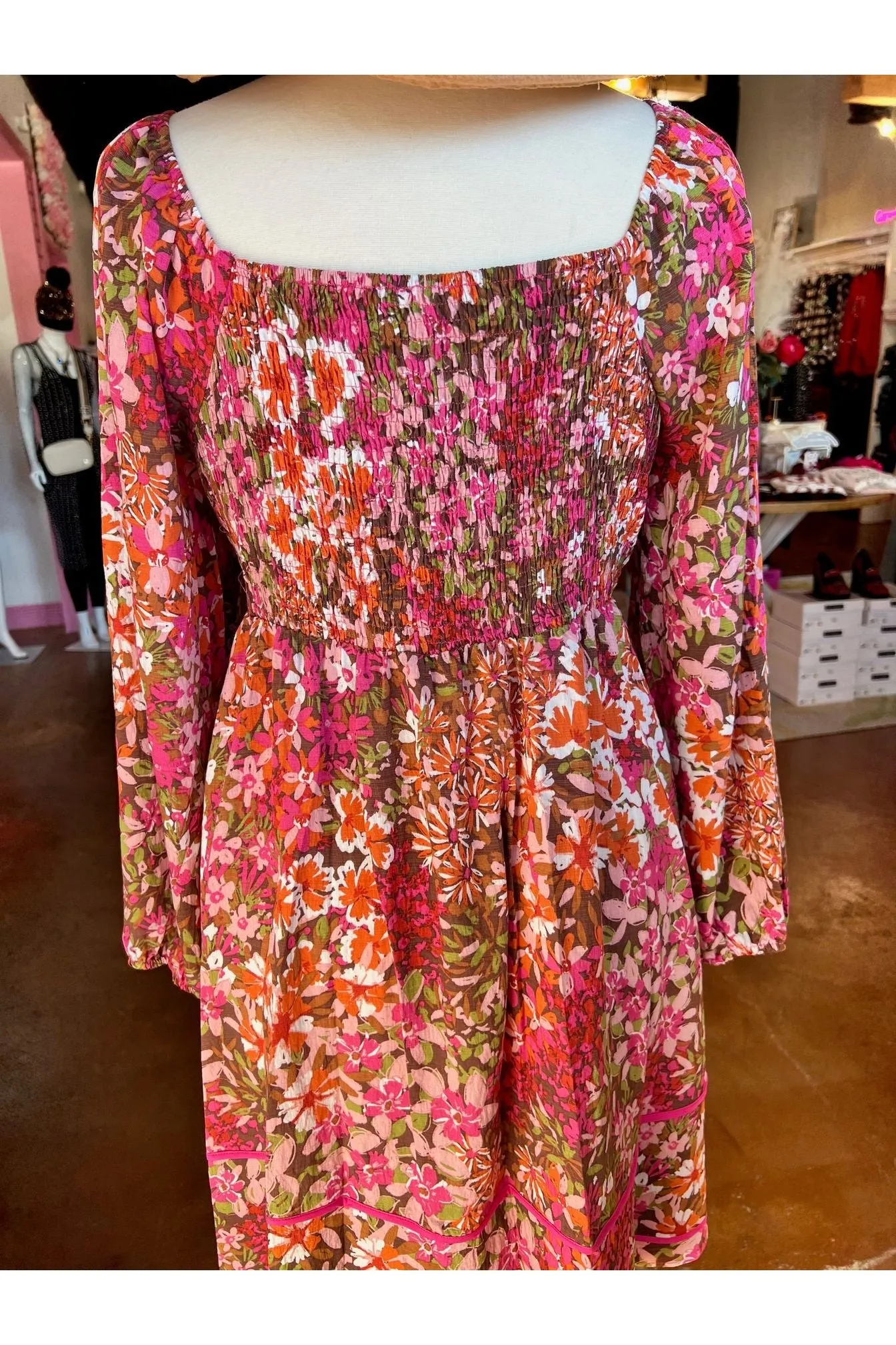 Floral Square Neckline Mini Dress (Curvy only)
